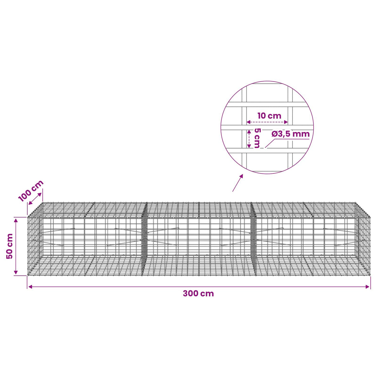Gabion with 3.5 mm Wire and 5x10 cm Mesh 300x100x50 cm