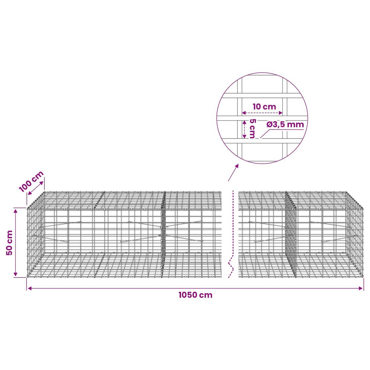 Gabion with 3.5 mm Wire and 5x10 cm Mesh 1050x100x50 cm