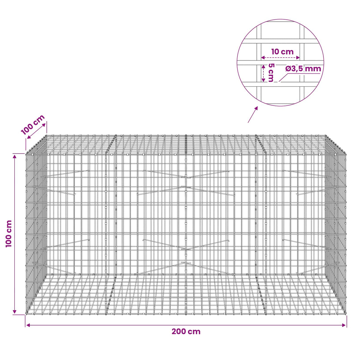 Gabion with 3.5 mm Wire and 5x10 cm Mesh 200x100x100 cm