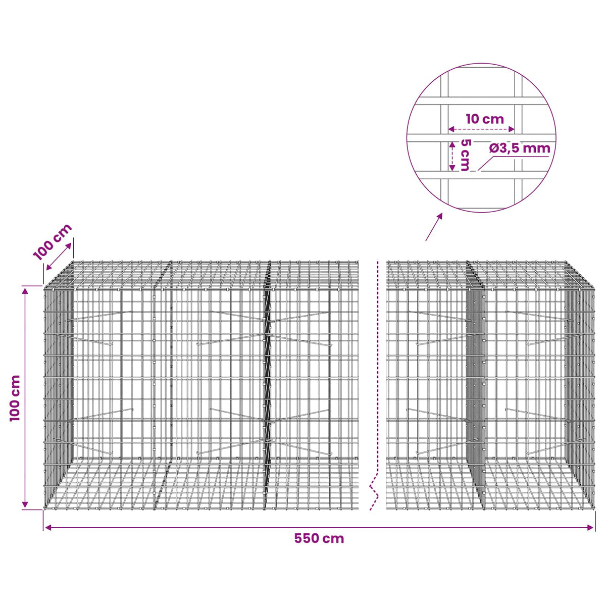 Gabion with 3.5 mm Wire and 5x10 cm Mesh 550x100x100 cm