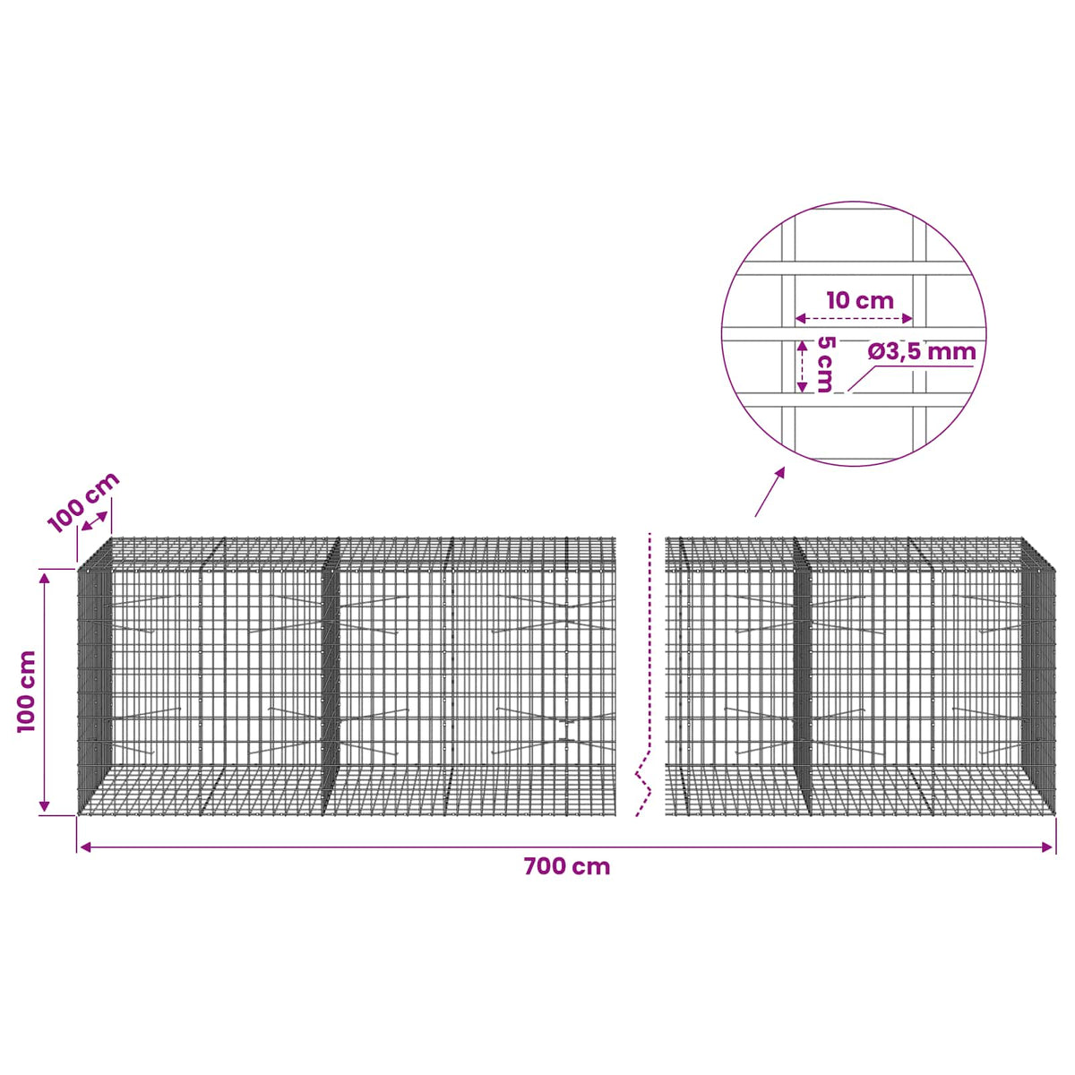 Gabion with 3.5 mm Wire and 5x10 cm Mesh 700x100x100 cm