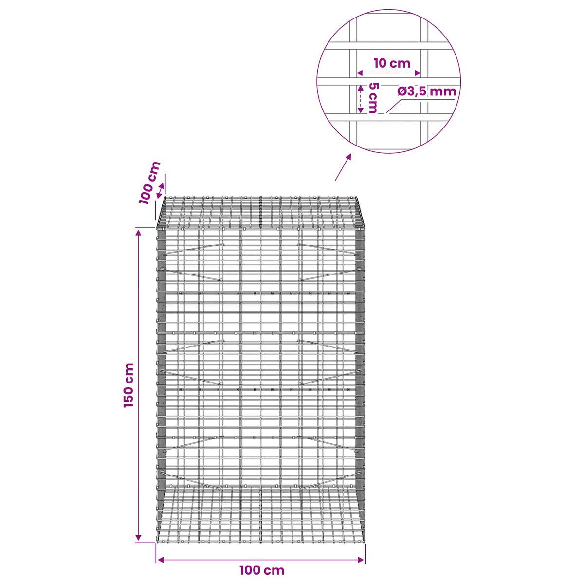 Gabion with 3.5 mm Wire and 5x10 cm Mesh 100x100x150 cm