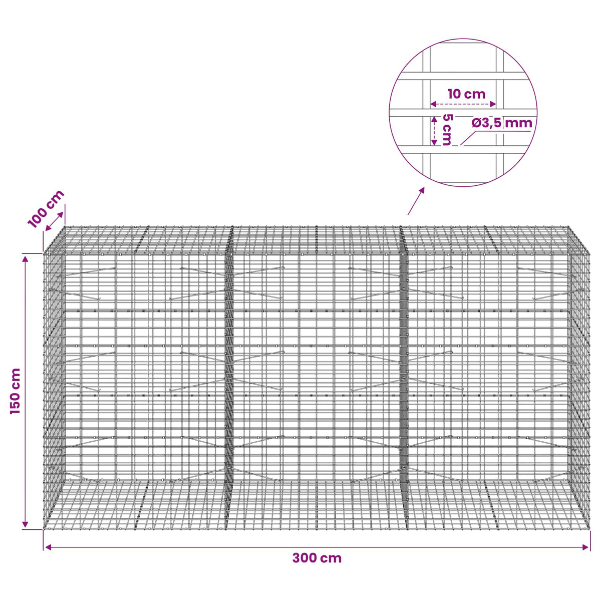 Gabion with 3.5 mm Wire and 5x10 cm Mesh 300x100x150 cm