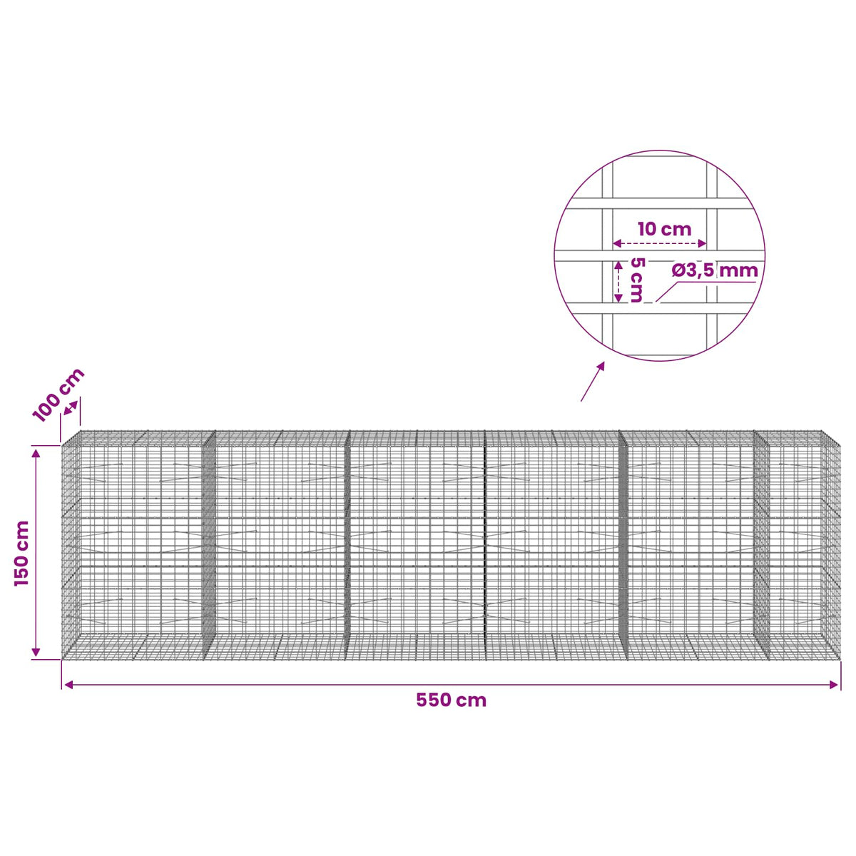 Gabion with 3.5 mm Wire and 5x10 cm Mesh 550x100x150 cm