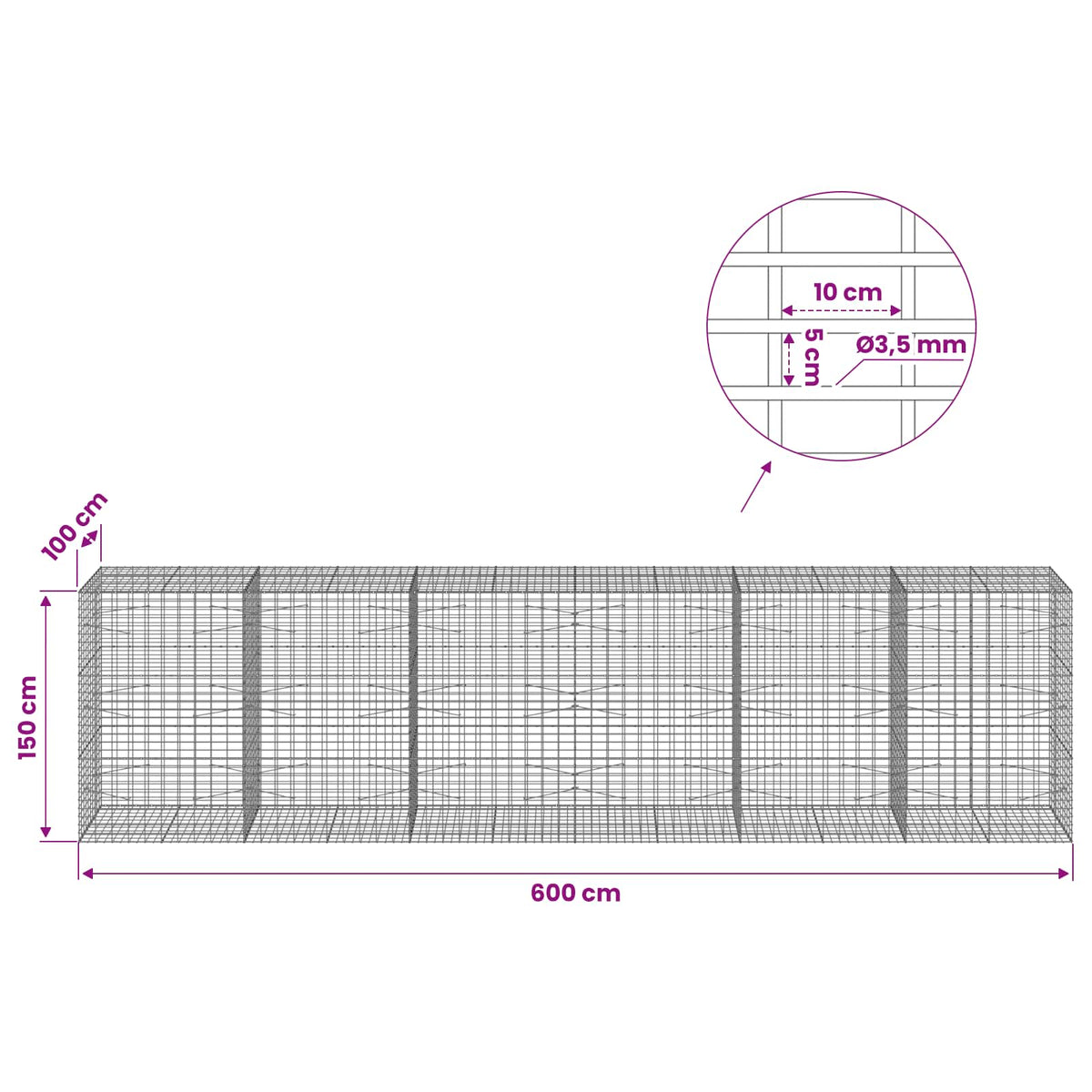 Gabion with 3.5 mm Wire and 5x10 cm Mesh 600x100x150 cm