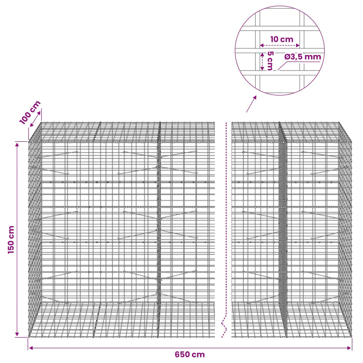 Gabion with 3.5 mm Wire and 5x10 cm Mesh 650x100x150 cm