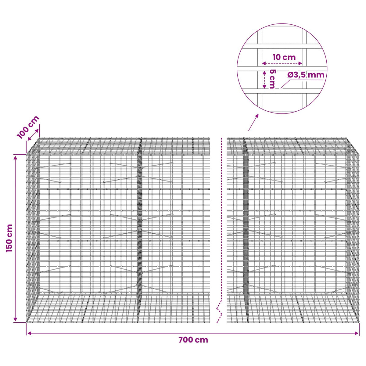 Gabion with 3.5 mm Wire and 5x10 cm Mesh 700x100x150 cm