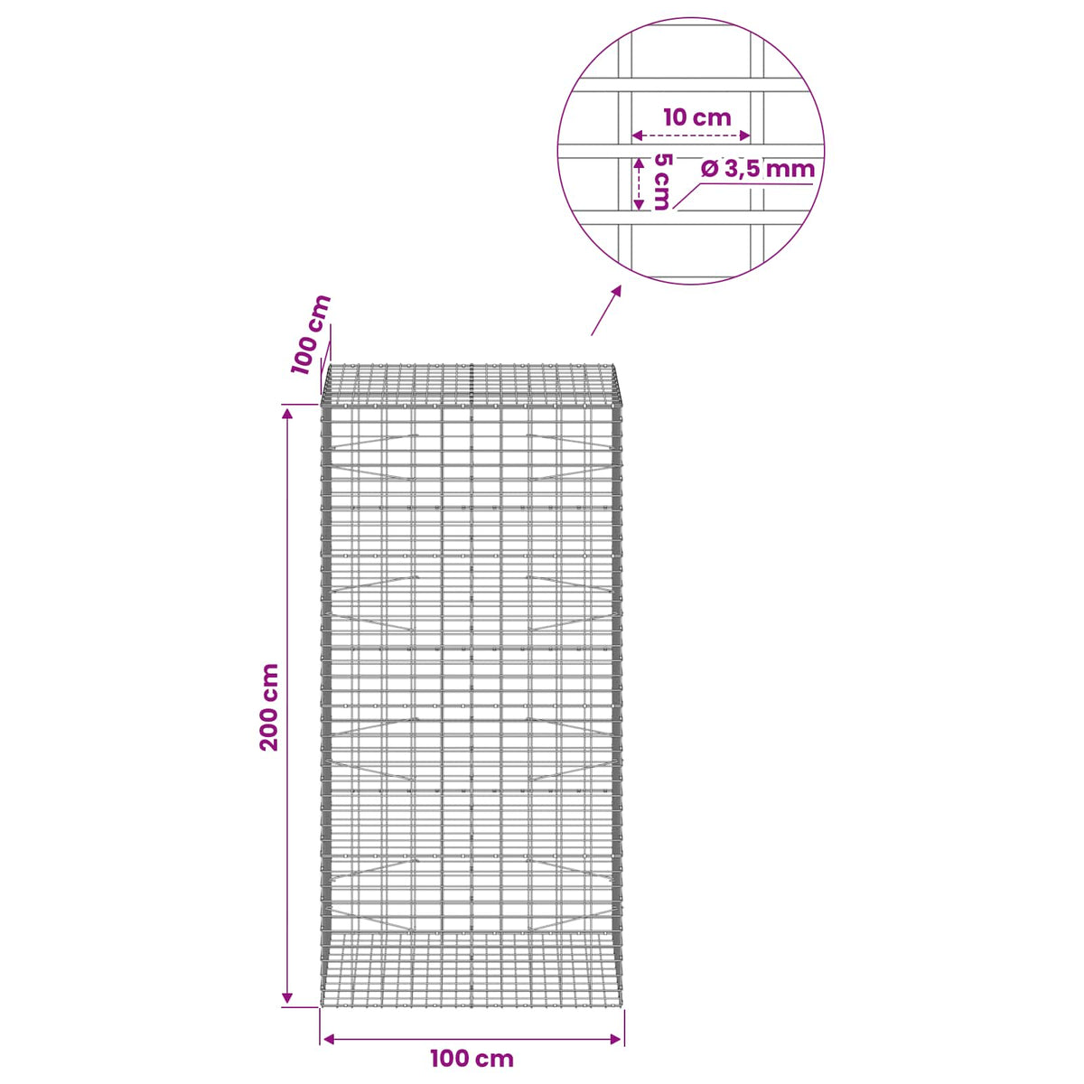 Gabion with 3.5 mm Wire and 5x10 cm Mesh 100x100x200 cm