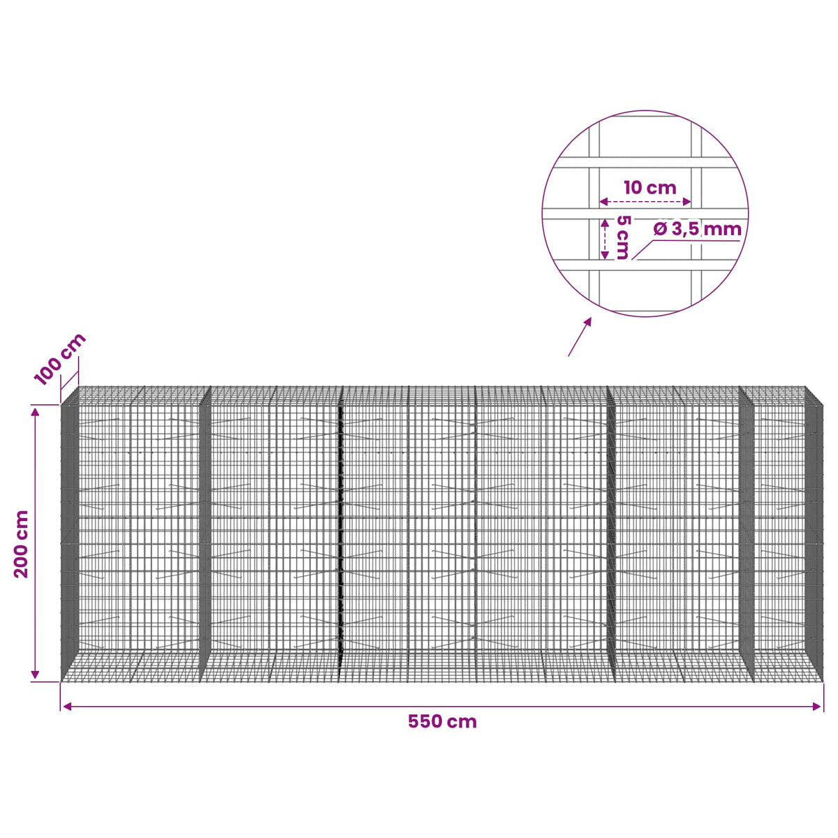 Gabion with 3.5 mm Wire and 5x10 cm Mesh 550x100x200 cm