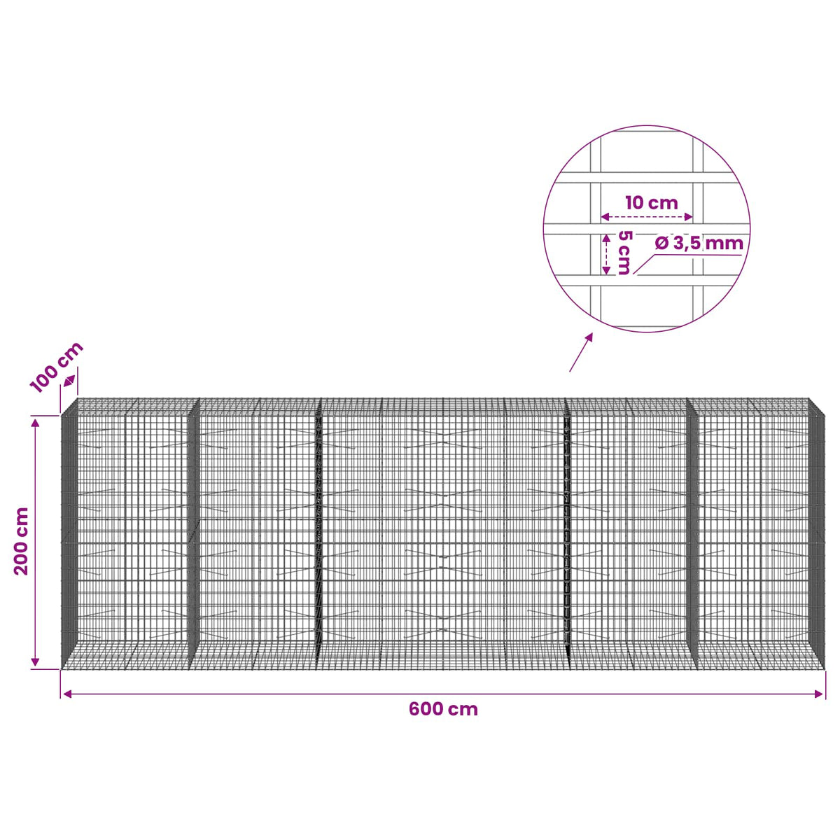 Gabion with 3.5 mm Wire and 5x10 cm Mesh 600x100x200 cm