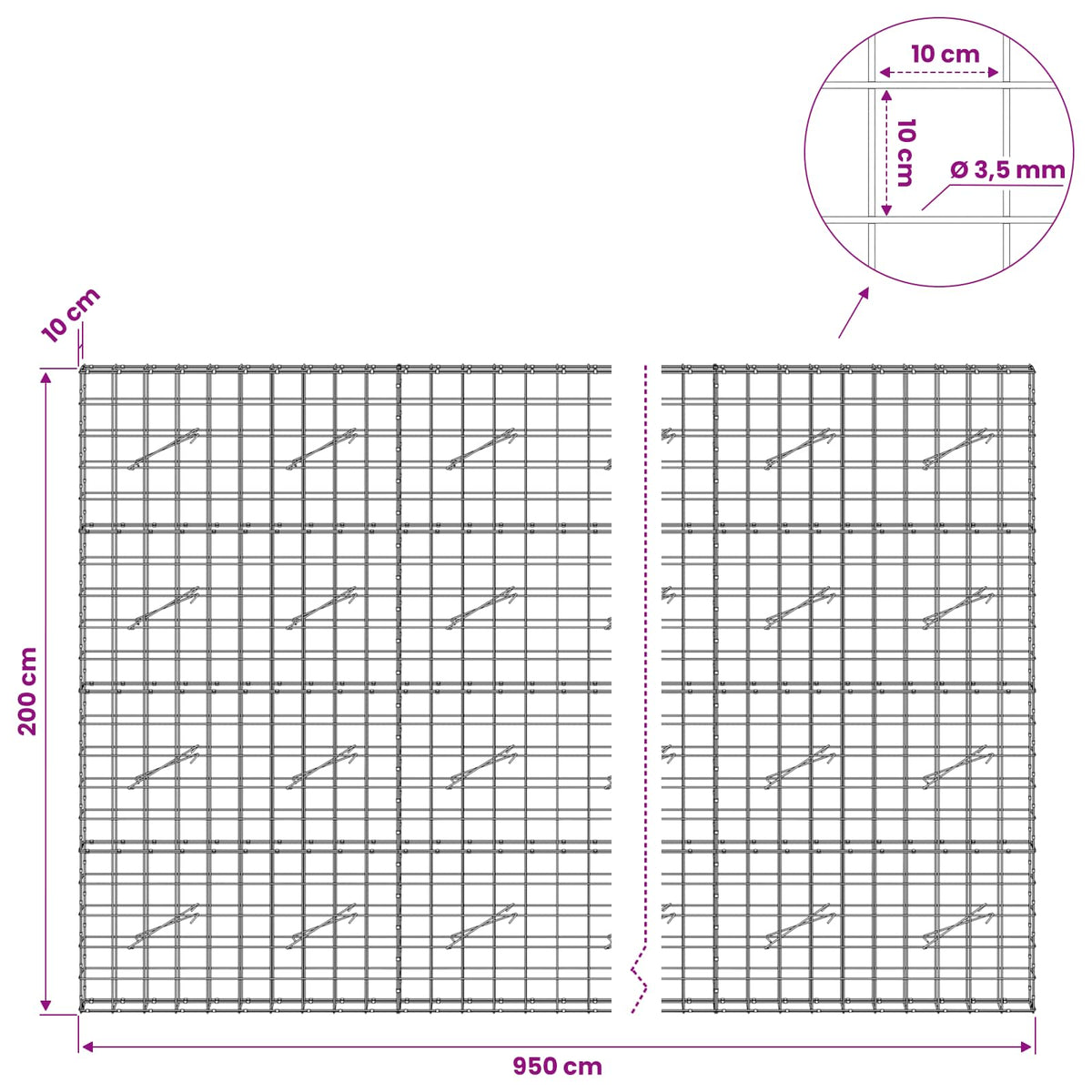 Gabion with 3.5 mm Wire and 10x10 cm Mesh 950x10x200 cm