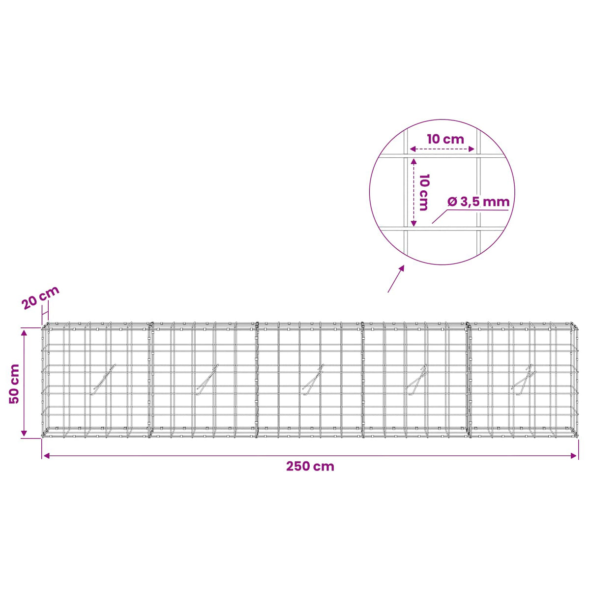 Gabion with 3.5 mm Wire and 10x10 cm Mesh 250x20x50 cm