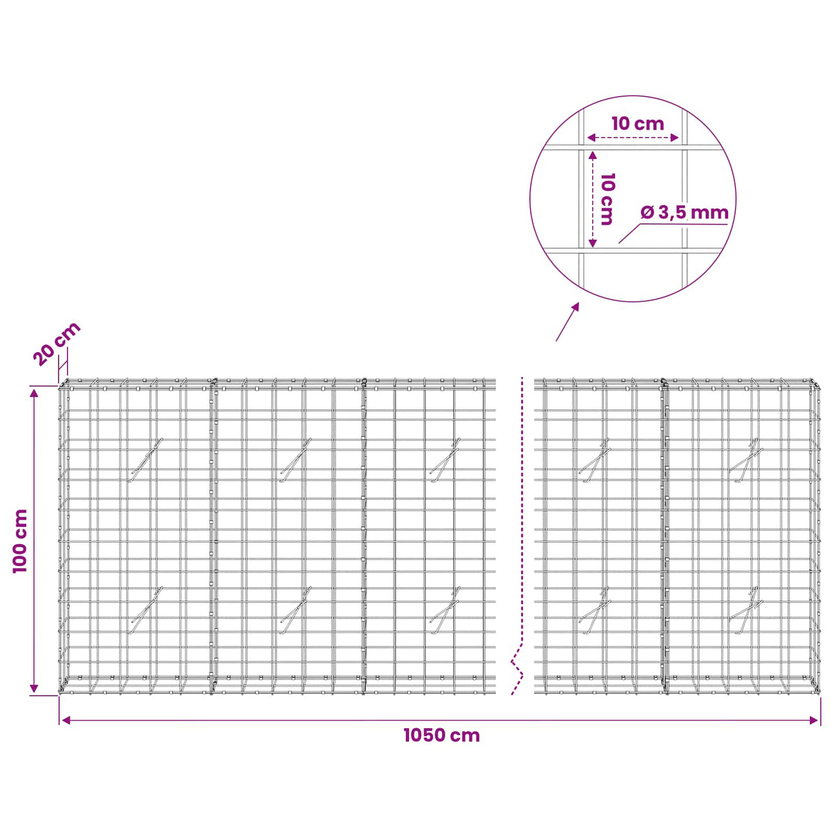 Gabion with 3.5 mm Wire and 10x10 cm Mesh 1050x20x100 cm