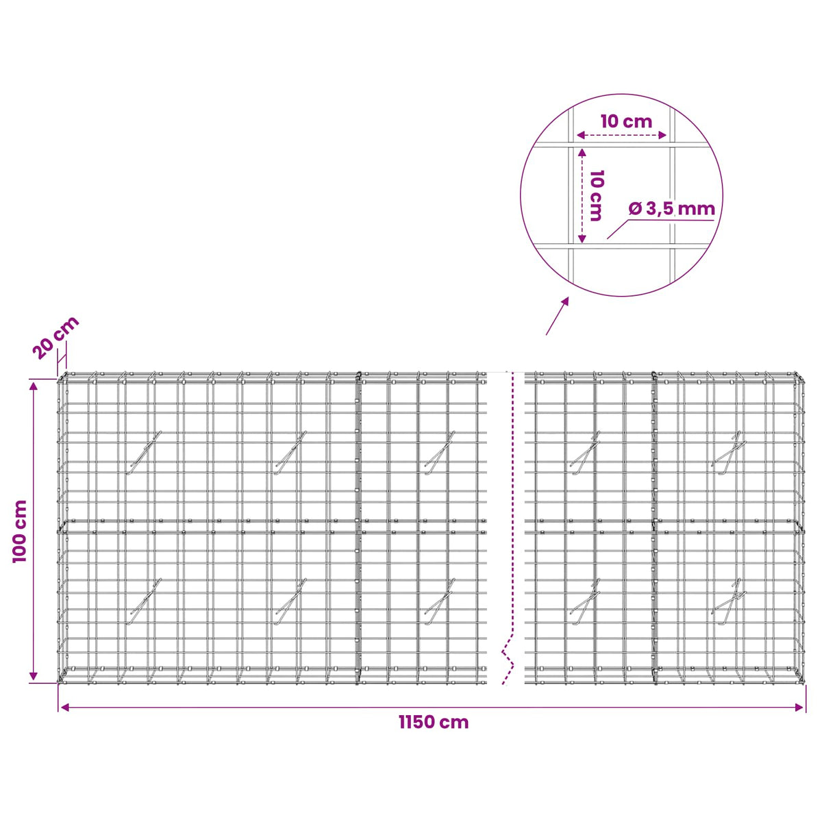 Gabion with 3.5 mm Wire and 10x10 cm Mesh 1150x20x100 cm