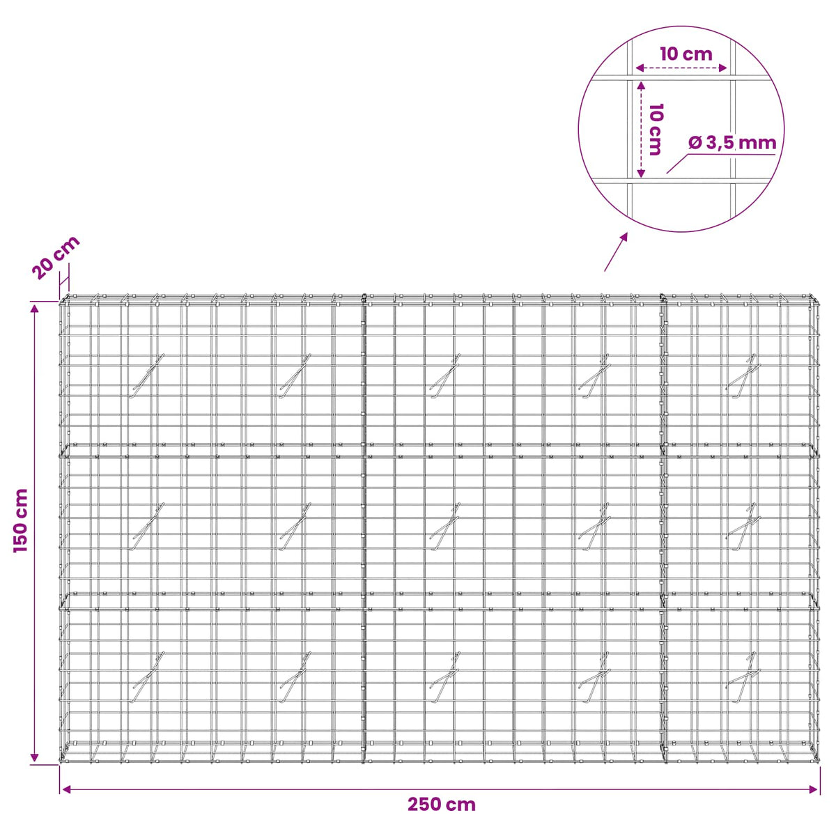 Gabion with 3.5 mm Wire and 10x10 cm Mesh 250x20x150 cm