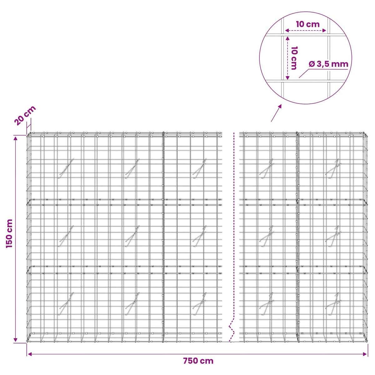 Gabion with 3.5 mm Wire and 10x10 cm Mesh 750x20x150 cm