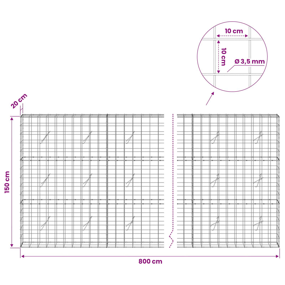 Gabion with 3.5 mm Wire and 10x10 cm Mesh 800x20x150 cm