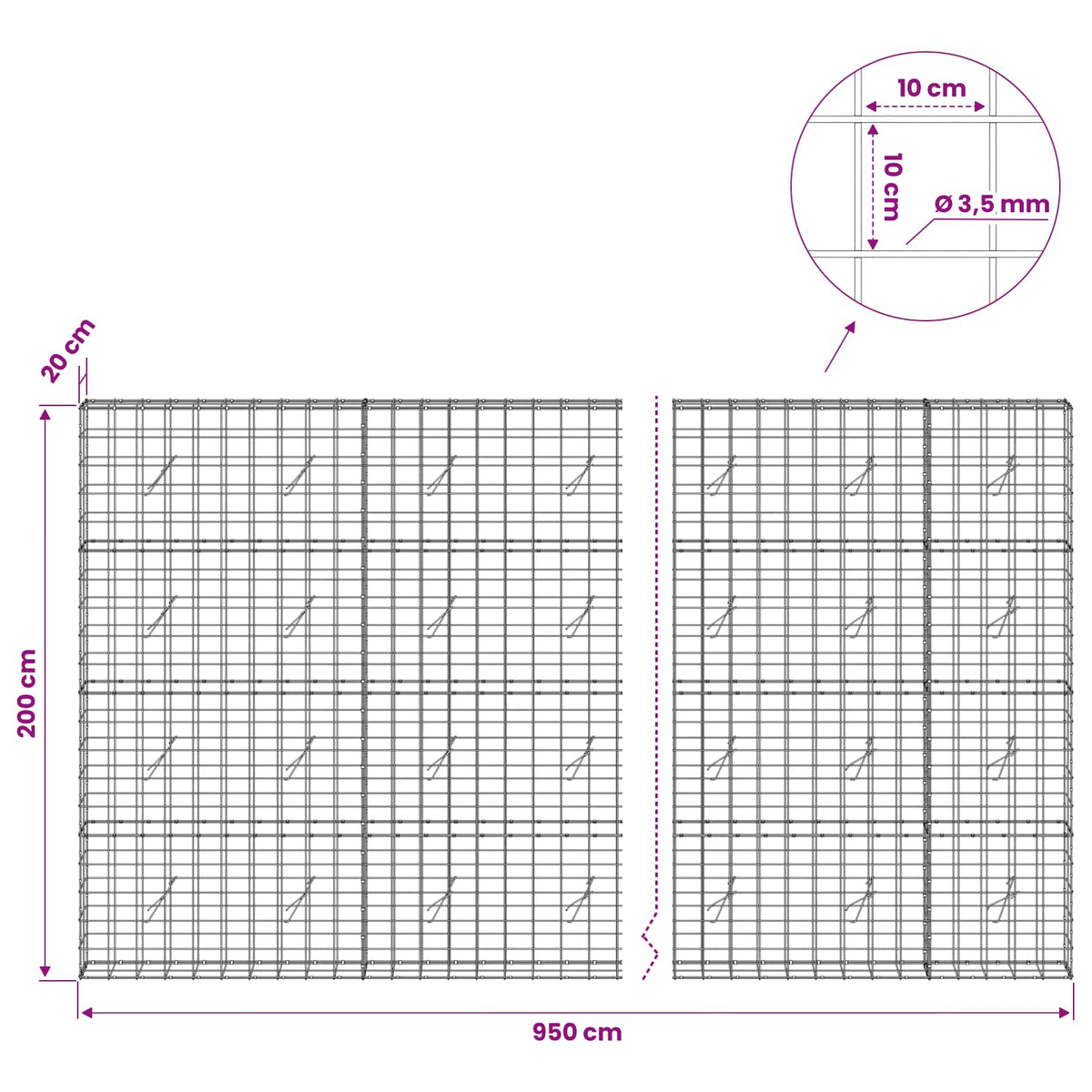 Gabion with 3.5 mm Wire and 10x10 cm Mesh 950x20x200 cm