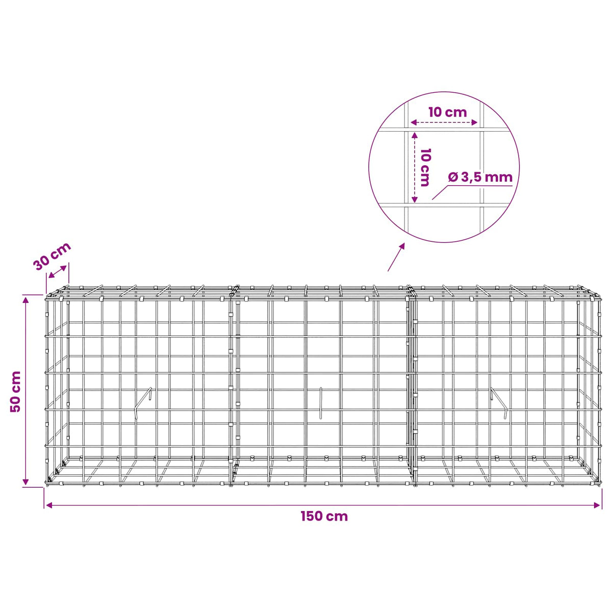 Gabion with 3.5 mm Wire and 10x10 cm Mesh 150x30x50 cm
