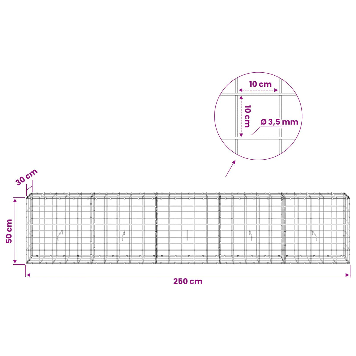 Gabion with 3.5 mm Wire and 10x10 cm Mesh 250x30x50 cm
