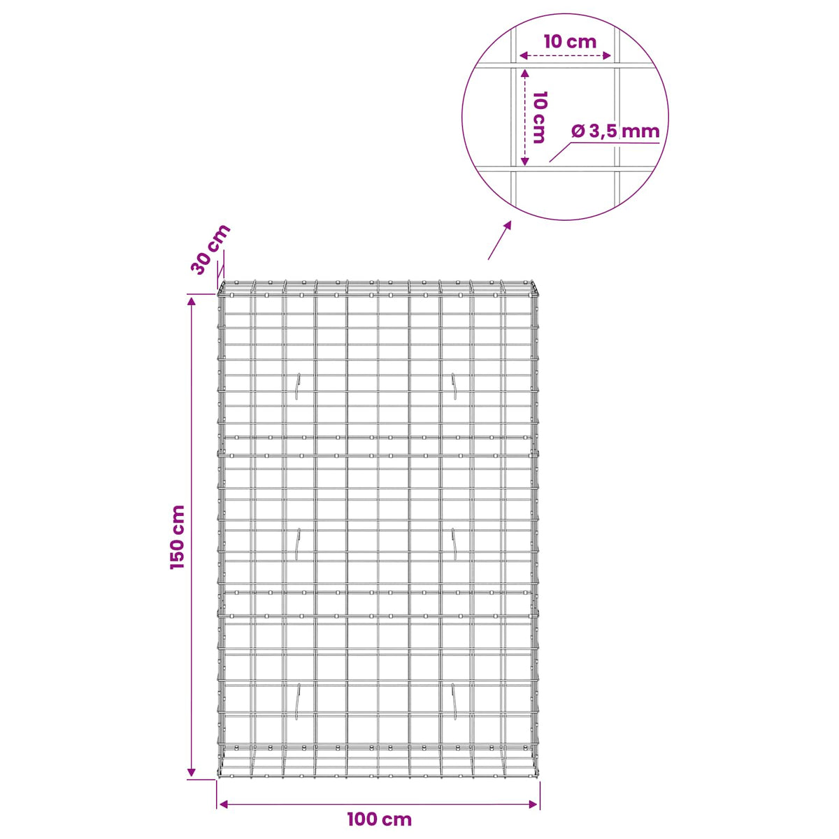 Gabion with 3.5 mm Wire and 10x10 cm Mesh 100x30x150 cm