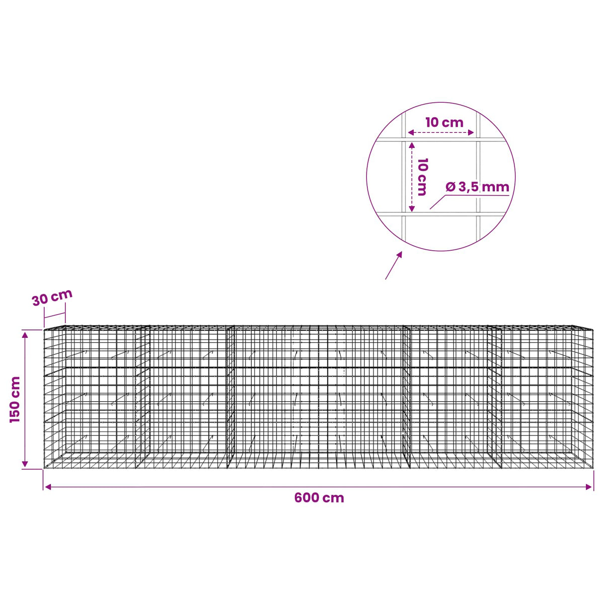 Gabion with 3.5 mm Wire and 10x10 cm Mesh 600x30x150 cm