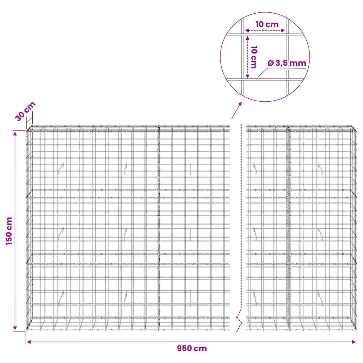 Gabion with 3.5 mm Wire and 10x10 cm Mesh 950x30x150 cm