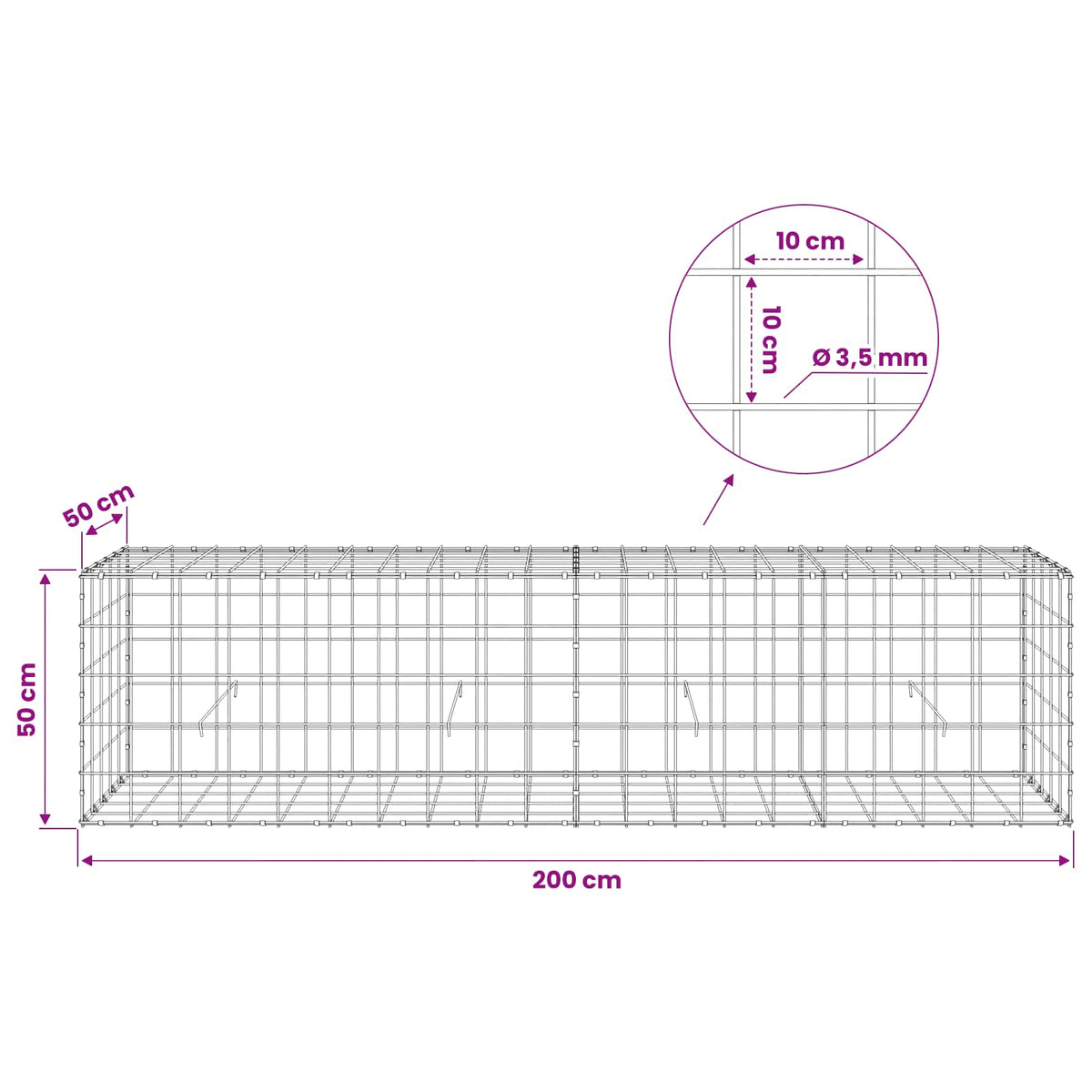Gabion with 3.5 mm Wire and 10x10 cm Mesh 200x50x50 cm