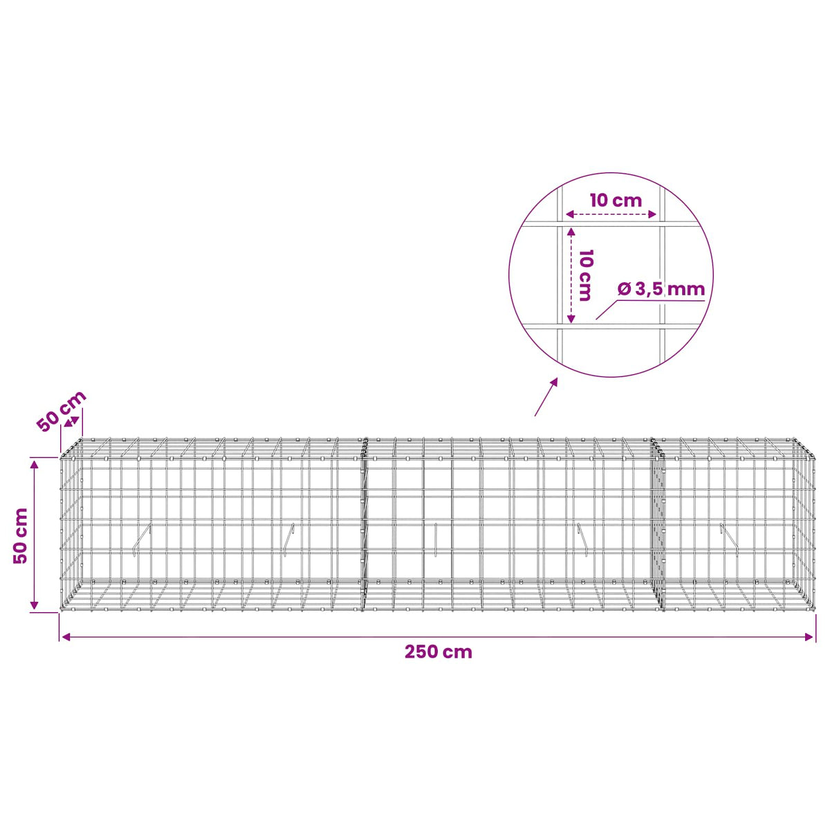 Gabion with 3.5 mm Wire and 10x10 cm Mesh 250x50x50 cm
