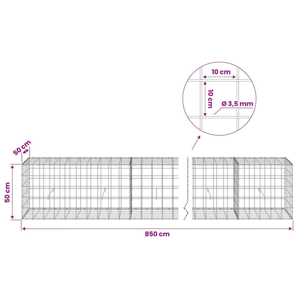 Gabion with 3.5 mm Wire and 10x10 cm Mesh 850x50x50 cm
