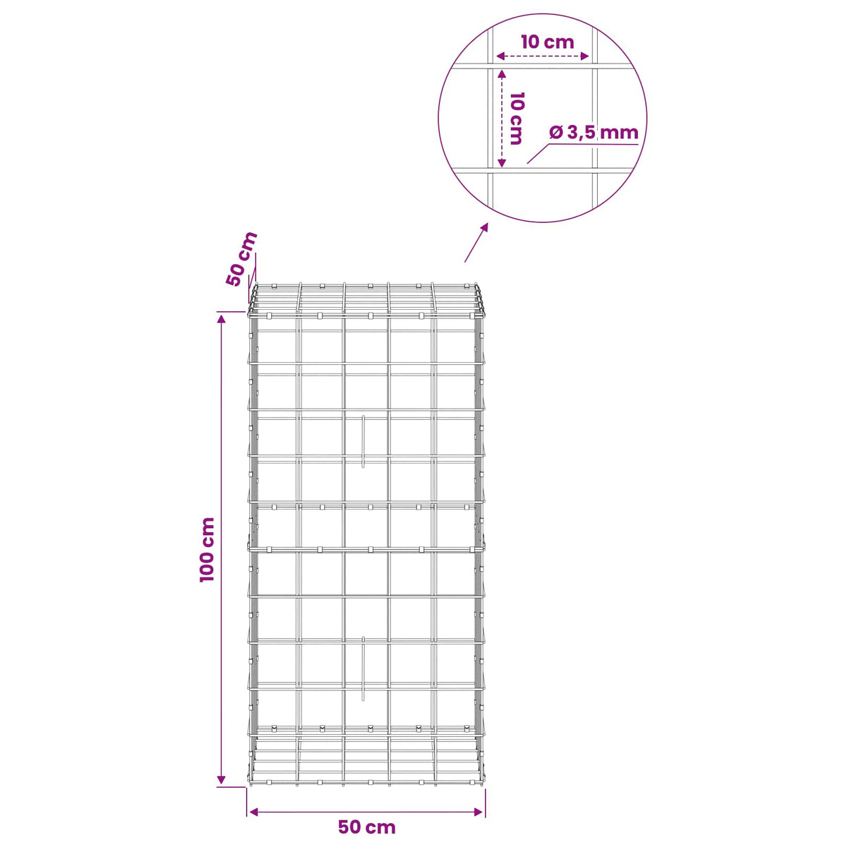 Gabion with 3.5 mm Wire and 10x10 cm Mesh 50x50x100 cm