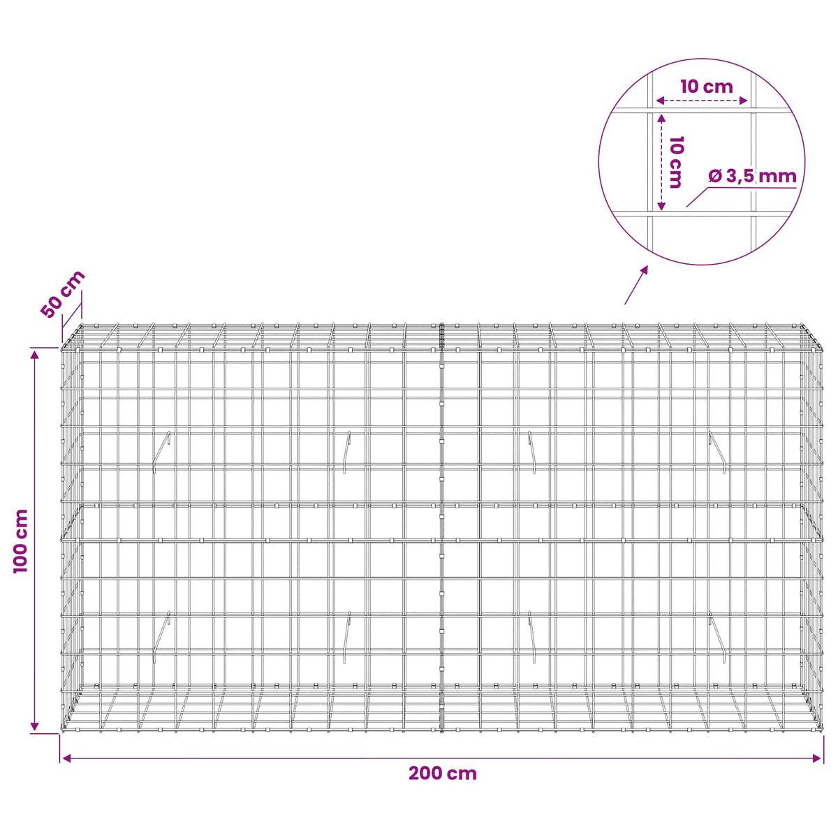 Gabion with 3.5 mm Wire and 10x10 cm Mesh 200x50x100 cm