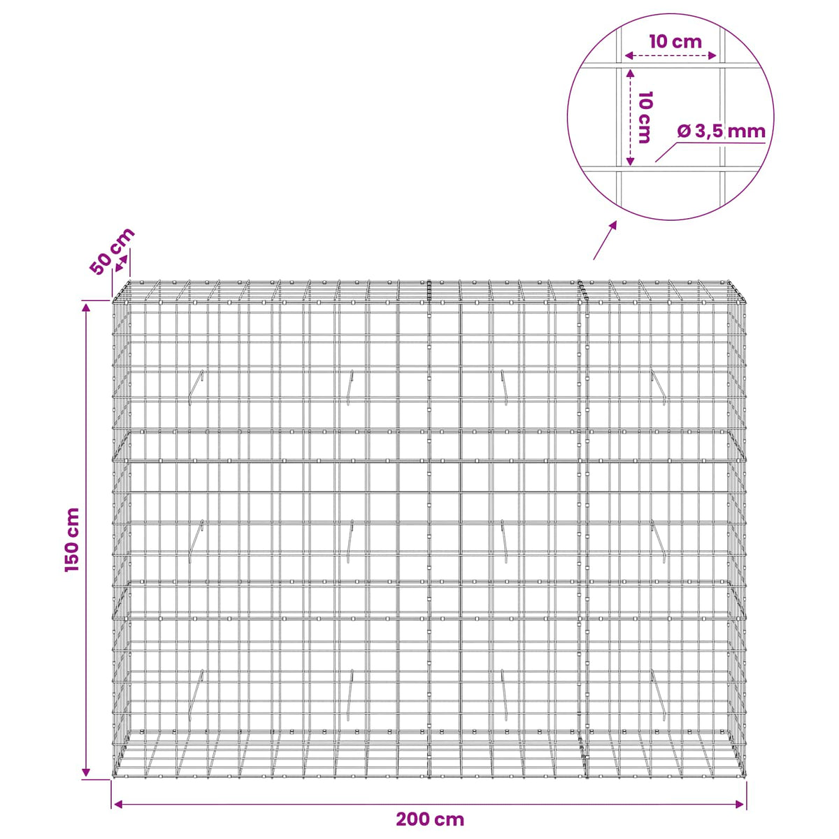 Gabion with 3.5 mm Wire and 10x10 cm Mesh 200x50x150 cm