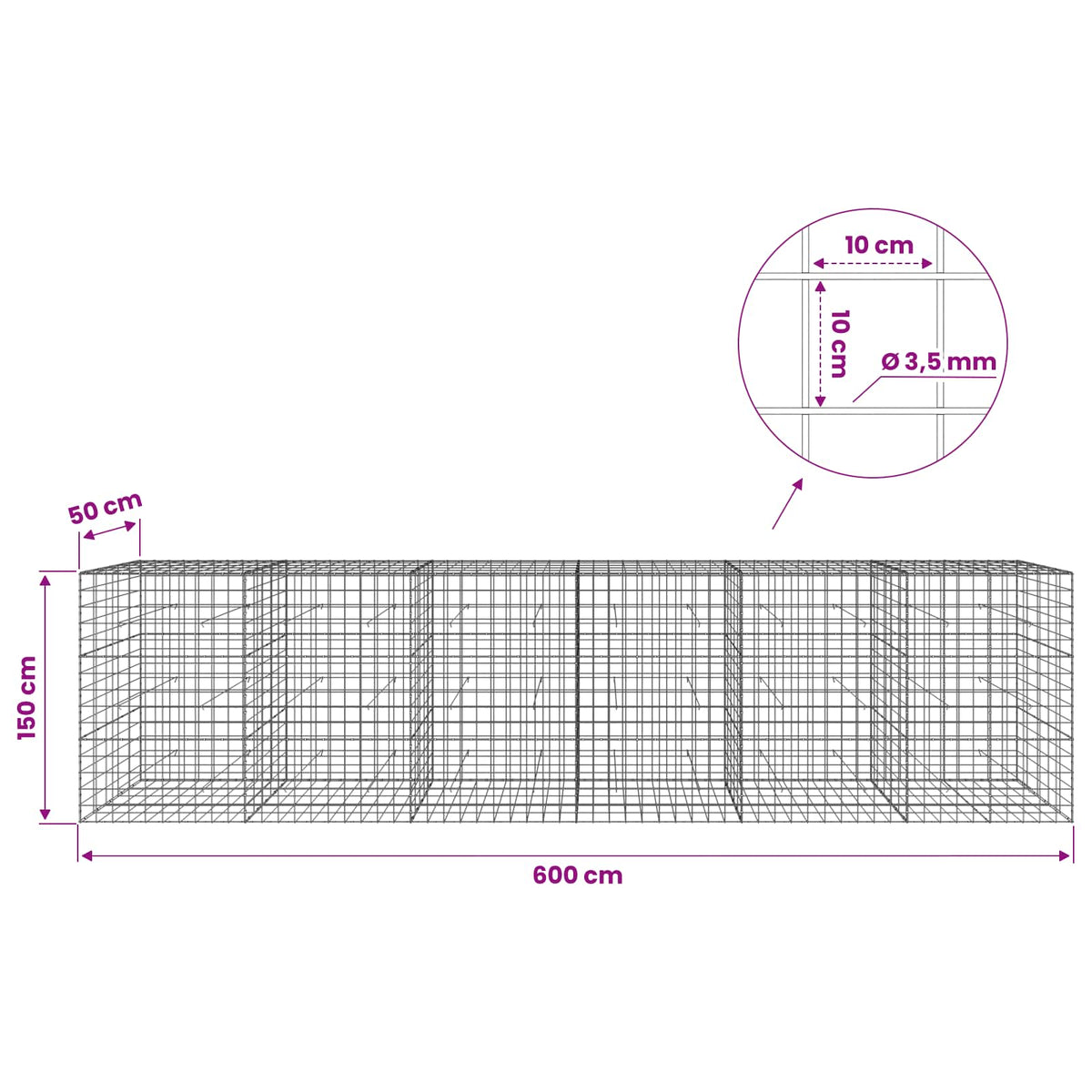 Gabion with 3.5 mm Wire and 10x10 cm Mesh 600x50x150 cm