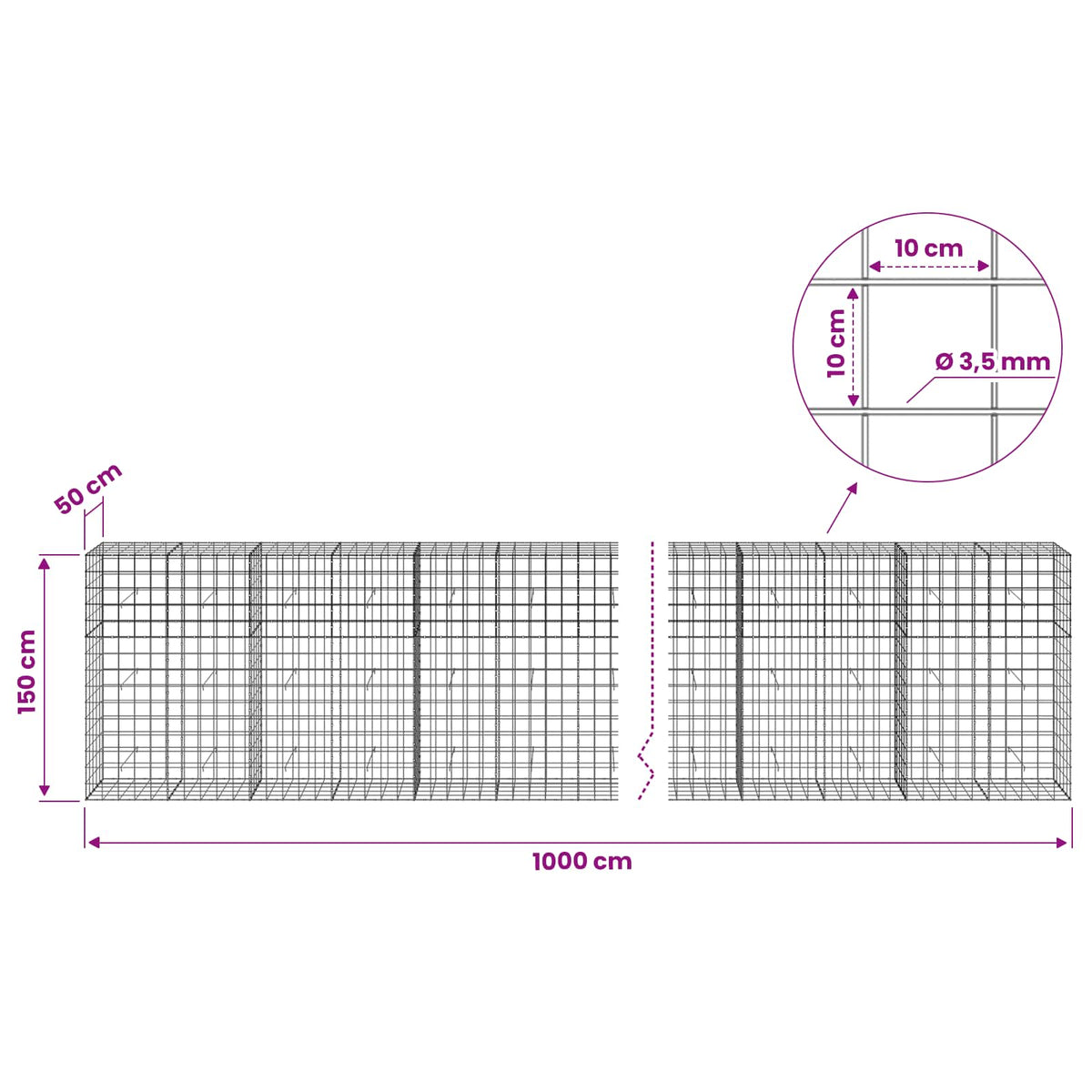 Gabion with 3.5 mm Wire and 10x10 cm Mesh 1000x50x150 cm
