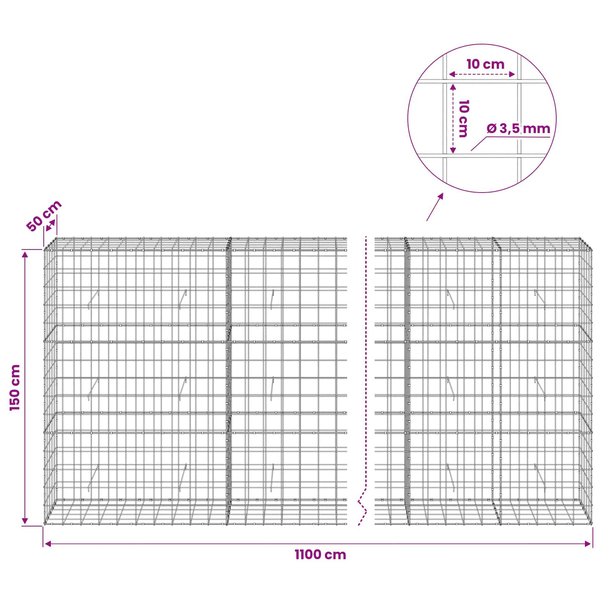 Gabion with 3.5 mm Wire and 10x10 cm Mesh 1100x50x150 cm
