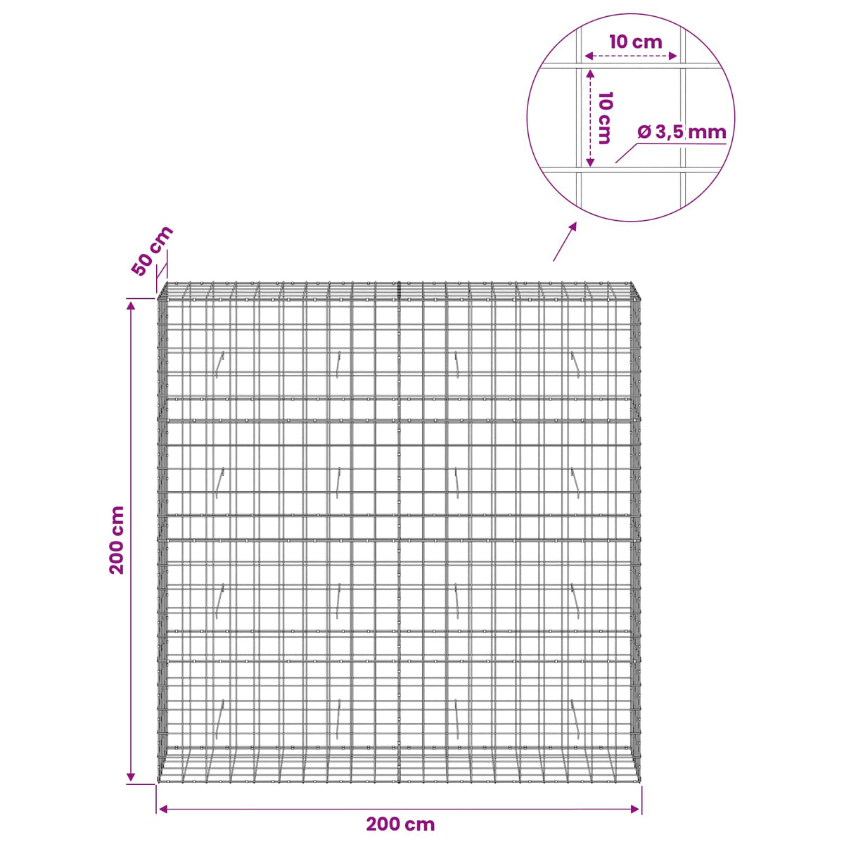 Gabion with 3.5 mm Wire and 10x10 cm Mesh 200x50x200 cm