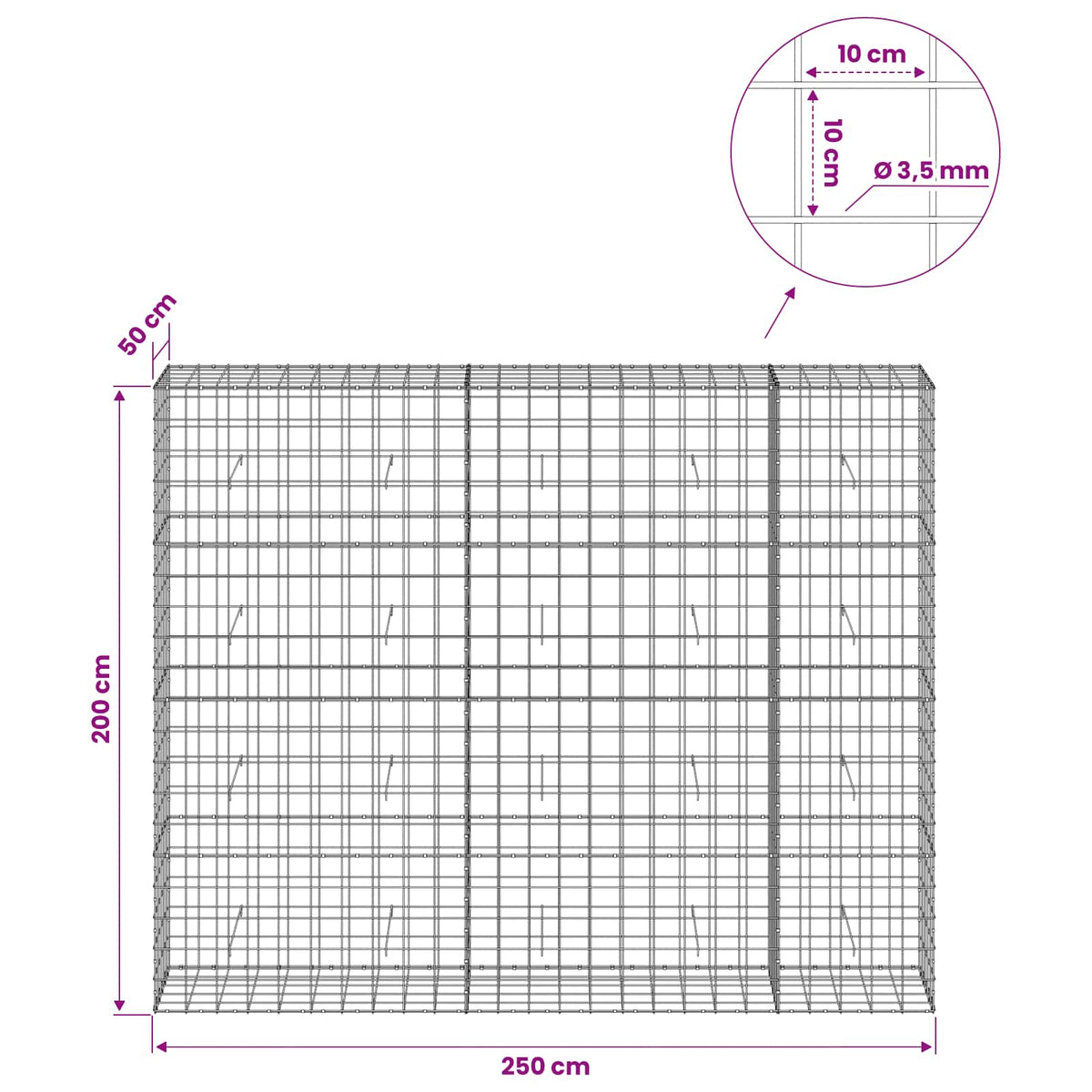 Gabion with 3.5 mm Wire and 10x10 cm Mesh 250x50x200 cm