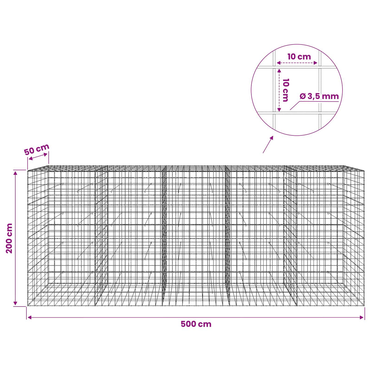 Gabion with 3.5 mm Wire and 10x10 cm Mesh 500x50x200 cm