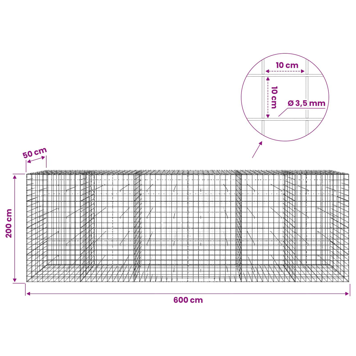 Gabion with 3.5 mm Wire and 10x10 cm Mesh 600x50x200 cm