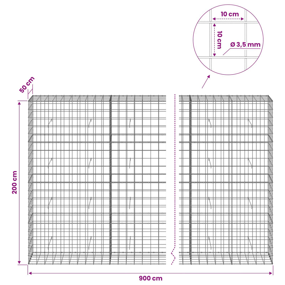 Gabion with 3.5 mm Wire and 10x10 cm Mesh 900x50x200 cm