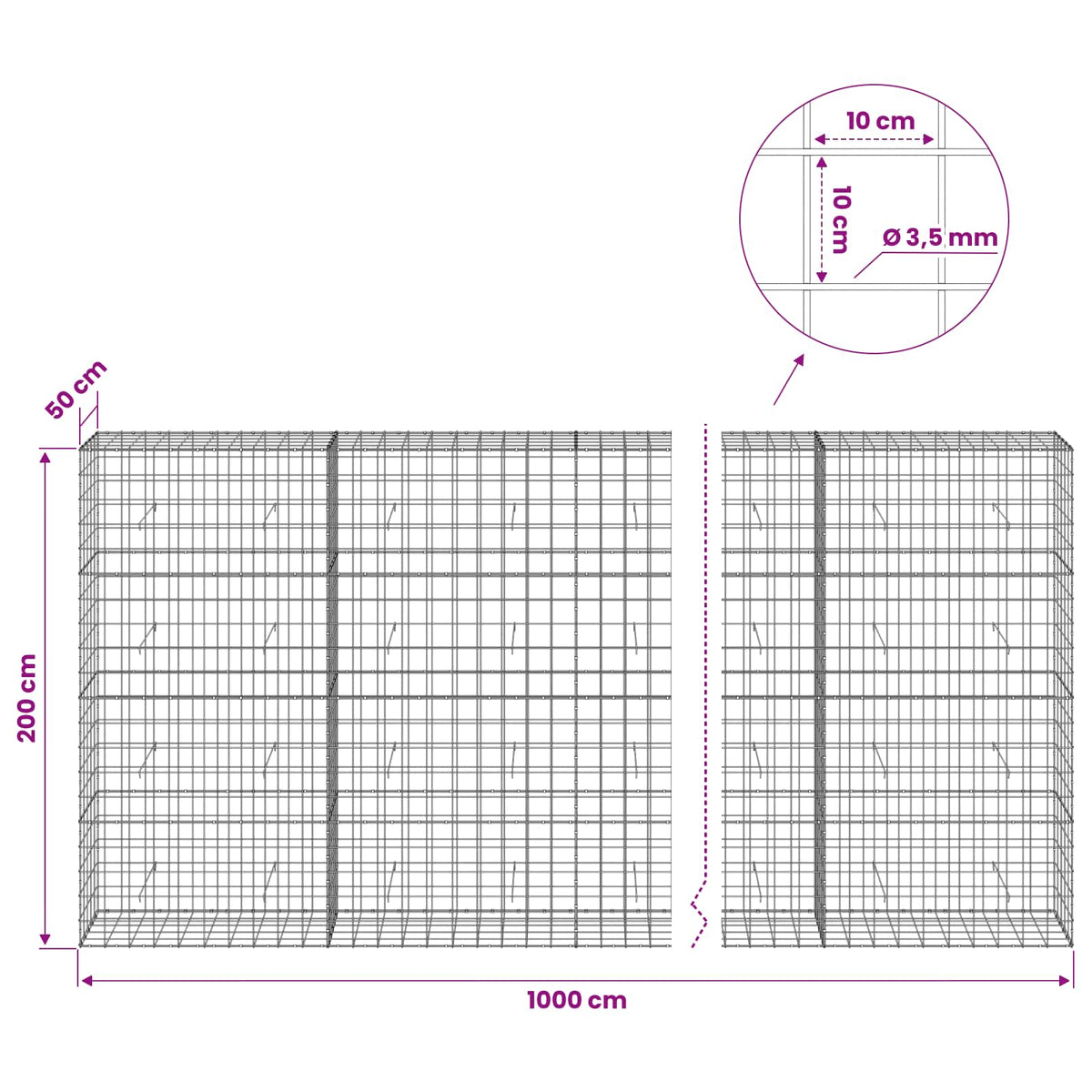 Gabion with 3.5 mm Wire and 10x10 cm Mesh 1000x50x200 cm
