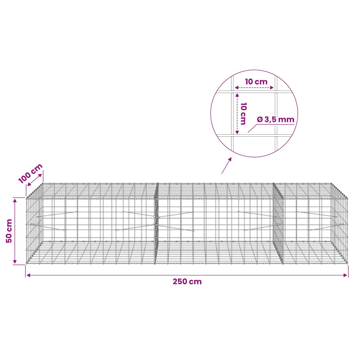 Gabion with 3.5 mm Wire and 10x10 cm Mesh 250x100x50 cm