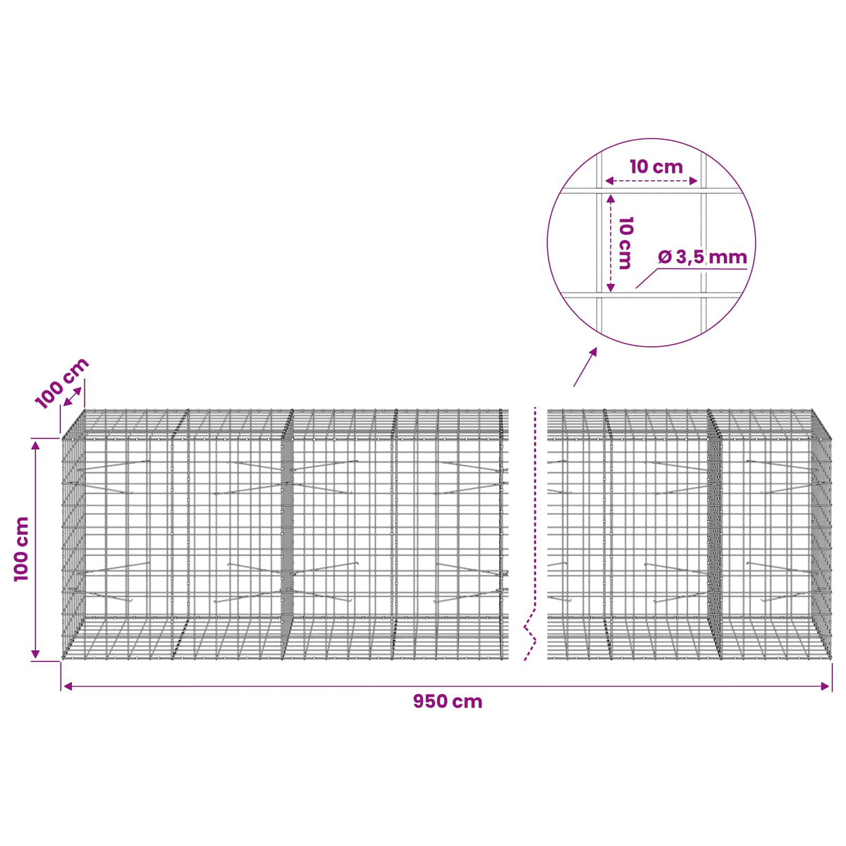 Gabion with 3.5 mm Wire and 10x10 cm Mesh 950x100x100 cm