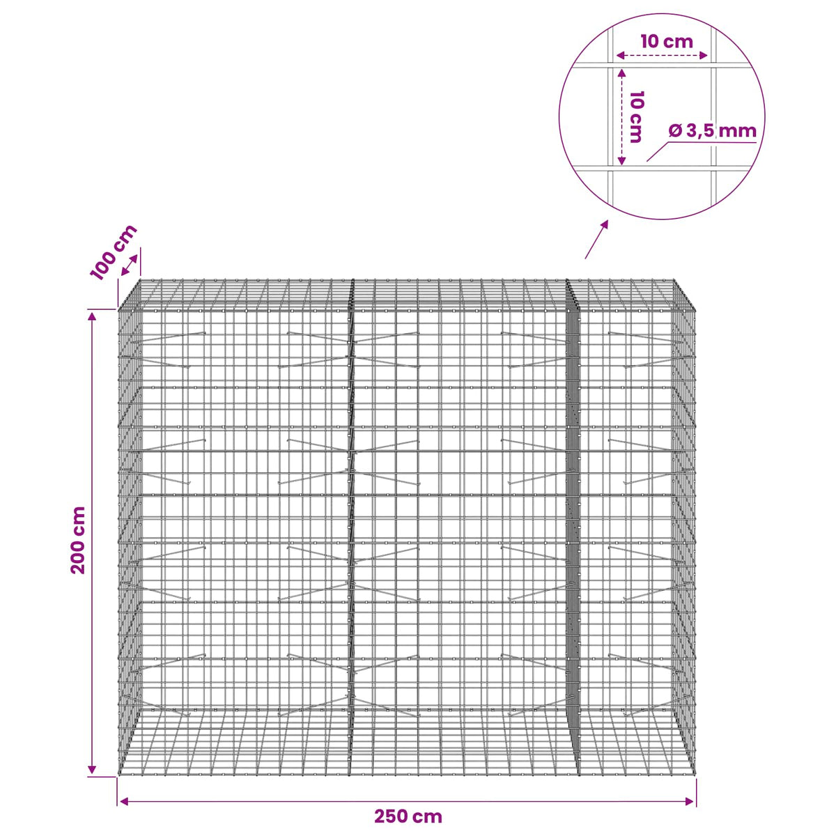 Gabion with 3.5 mm Wire and 10x10 cm Mesh 250x100x200 cm