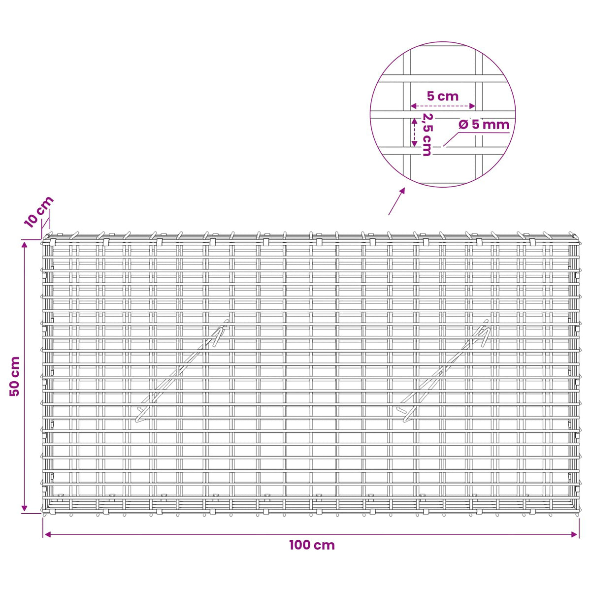 Gabion with 5 mm Wire and 5x2.5 cm Mesh 100x10x50 cm