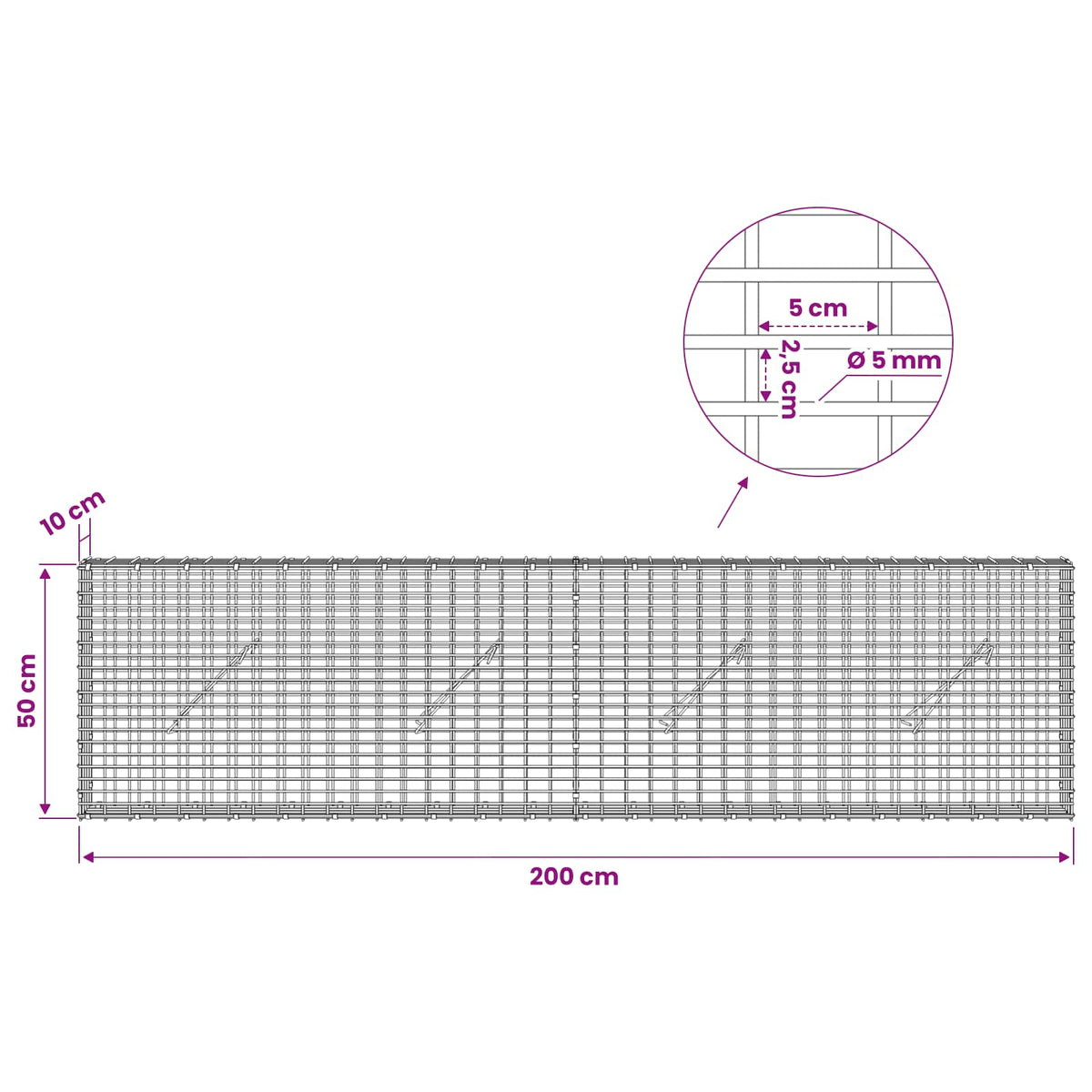 Gabion with 5 mm Wire and 5x2.5 cm Mesh 200x10x50 cm