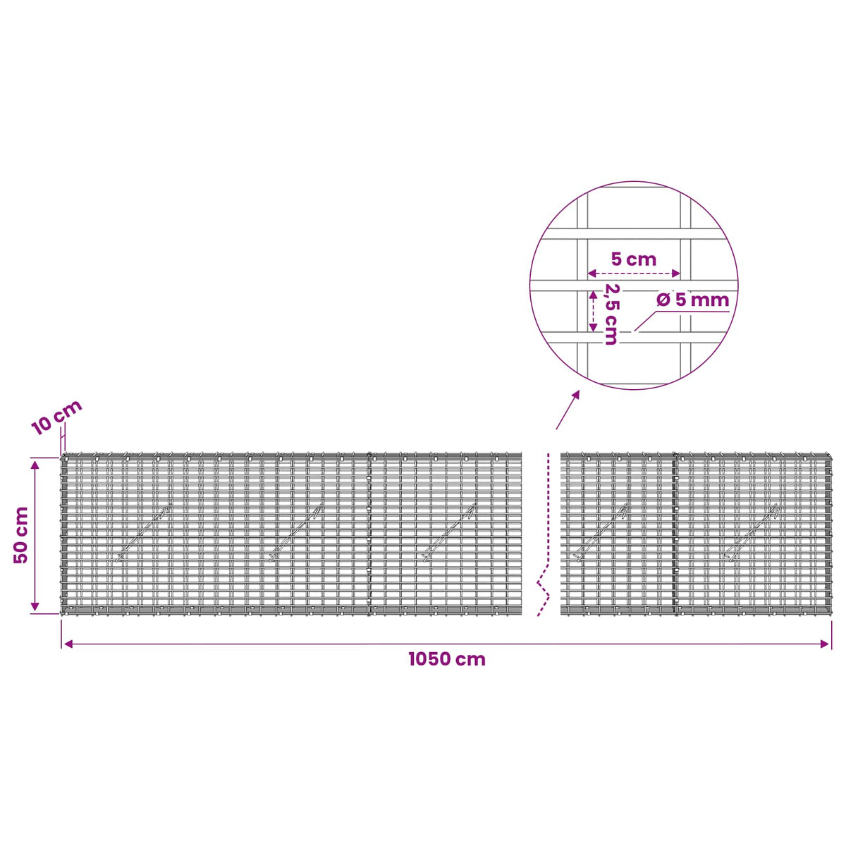 Gabion with 5 mm Wire and 5x2.5 cm Mesh 1050x10x50 cm