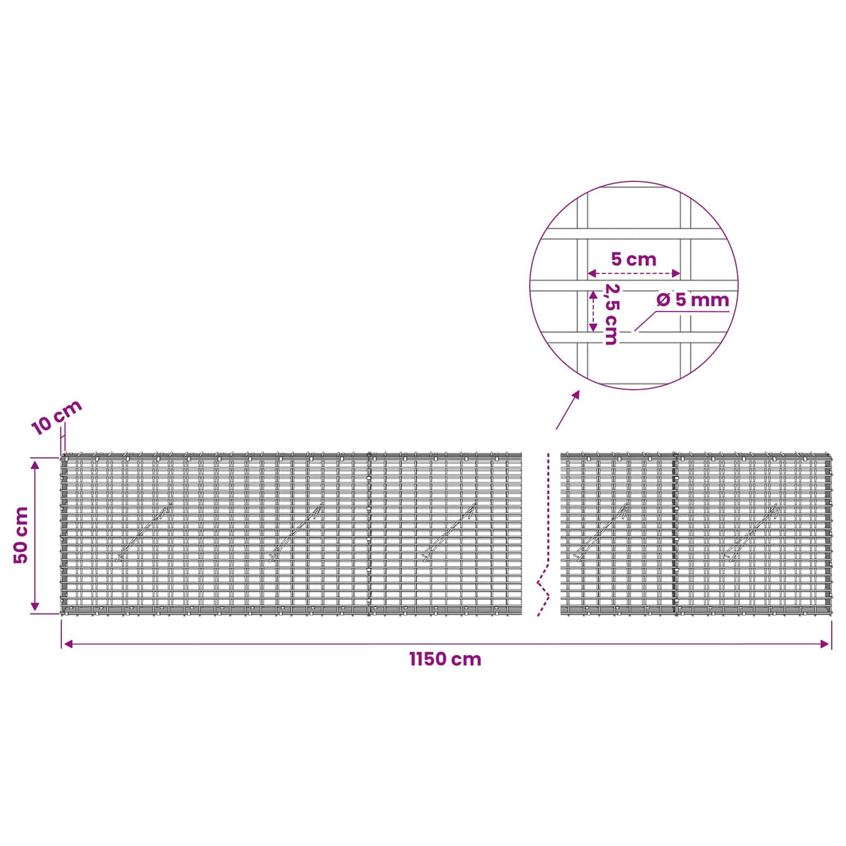 Gabion with 5 mm Wire and 5x2.5 cm Mesh 1150x10x50 cm