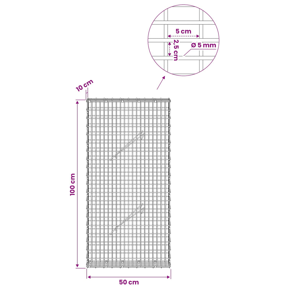 Gabion with 5 mm Wire and 5x2.5 cm Mesh 50x10x100 cm